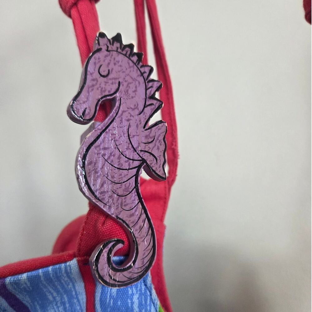 Vintage Sally Huss Sea Life Colorful Tote Bag with Wooden Sea Horse Charm Artsy - Picture 3 of 11